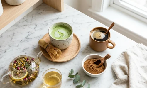 Různé zdravé alternativy ke kávě včetně matcha čaje a čekankového nápoje